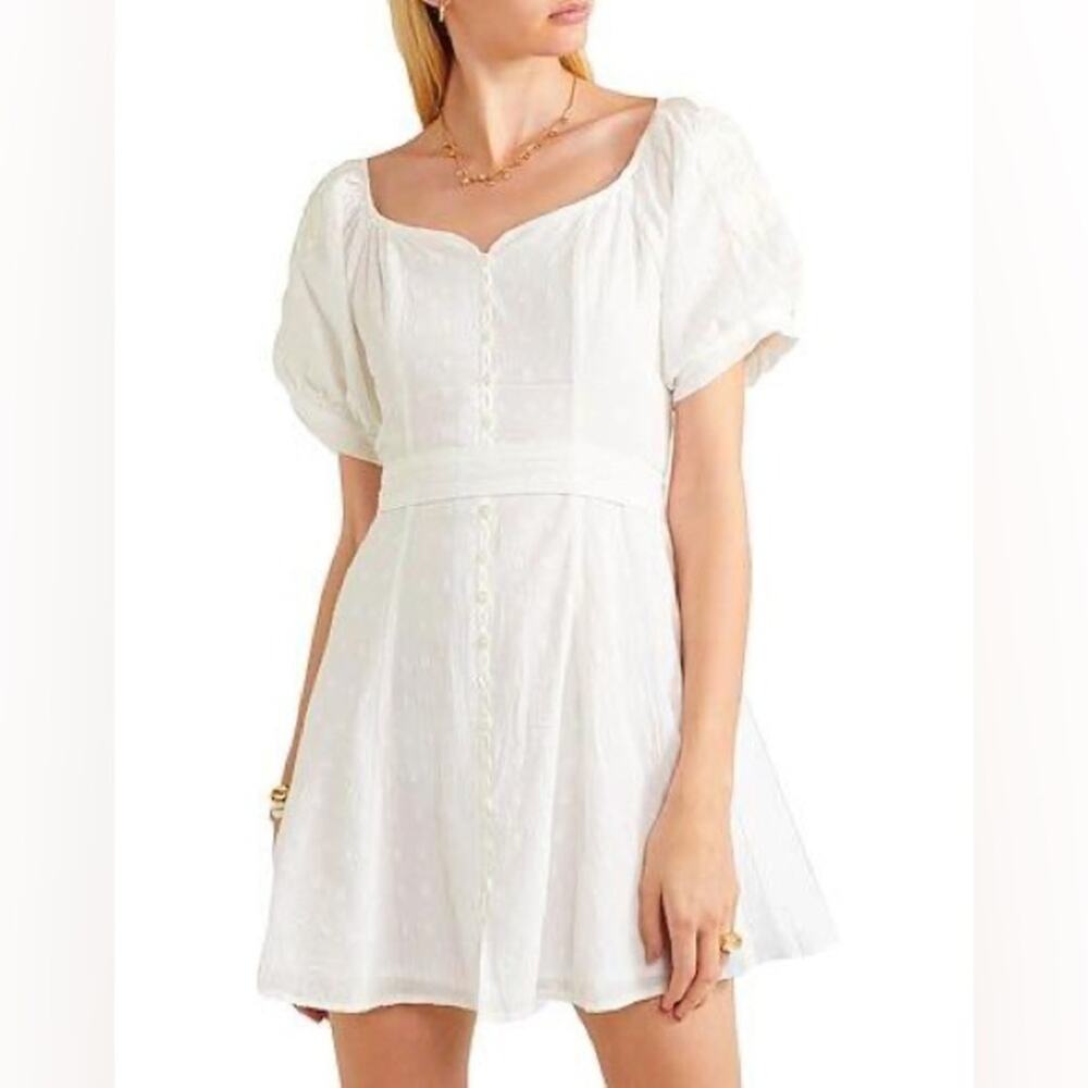 Innika Choo White Embroidered Floral Puff Sleeve Full Button Madonna Mini Dress